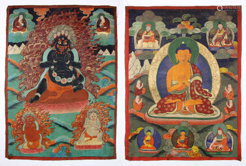 Two Tibetan Thangka Paintings on Canvas
