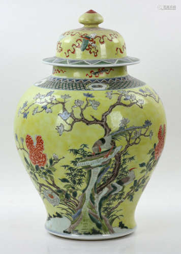 Large Chinese Famille Rose on Yellow Glaze Temple Jar