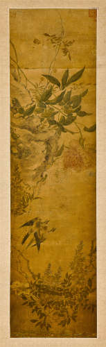 佚名	  	紫罗兰牡丹黄鹂图