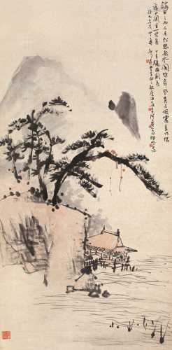 潘天寿刘海粟汪声远来楚生等 丁亥（1947）年作 溪亭看山 立轴 设色纸本