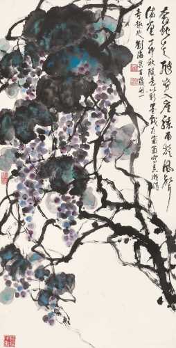 刘海粟 丁卯（1987）年作 彩墨葡萄 立轴 设色纸本