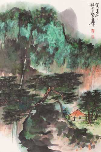 谢稚柳 丁巳（1977）年作 松山悬瀑 镜框 设色纸本