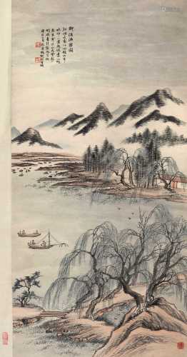 冯超然 庚辰（1940）年作 柳溪渔乐图 镜片 设色纸本