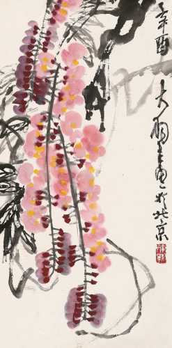陈大羽 辛酉（1981）年作 紫藤 镜片 设色纸本