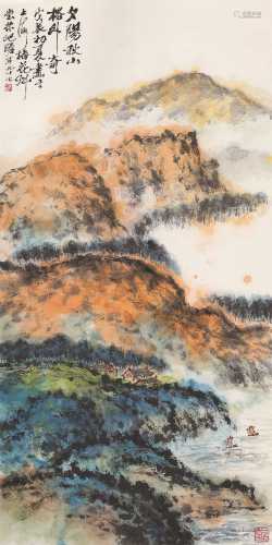 朱屺瞻 戊辰（1988）年作 夕阳秋山格外奇 立轴 设色纸本