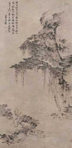 袁尚统 庚寅（1650）年作 秋山策杖 立轴 设色纸本