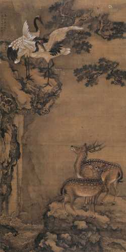 沈铨 乙亥（1735）年作 松龄仙寿 立轴 设色绢本