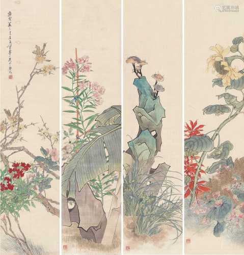 任薰 庚寅（1890）年作 花卉 四屏立轴 设色绢本