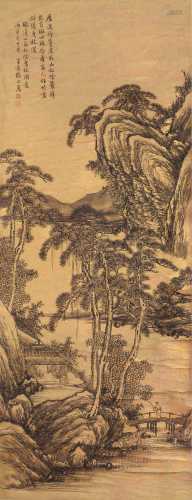 张之万 丙寅（1866）年作 松阴曳杖 立轴 水墨金笺
