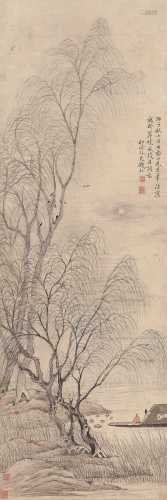 钱杜 丙子（1816）年作 柳燕春渡 立轴 水墨纸本