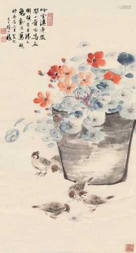 颜伯龙 庚辰（1940）年作 汉莲鸣雀 镜框 设色纸本