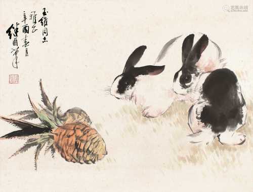 刘继卣 辛酉（1921）年作 双兔图 镜片 设色纸本