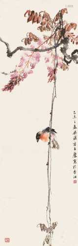 方召麟 乙未（1955）年作 红花小鸟 镜片 设色纸本