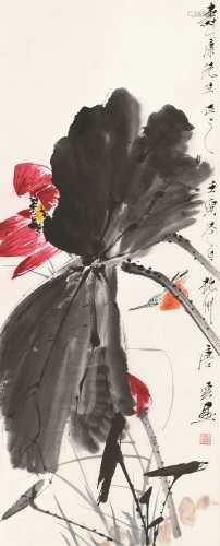 唐云 壬寅（1962）年作 红荷翠鸟 立轴 设色纸本