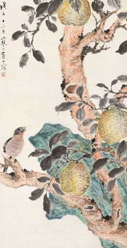 江寒汀 戊子（1948）年作 灵鸟栖枝图 立轴 设色纸本