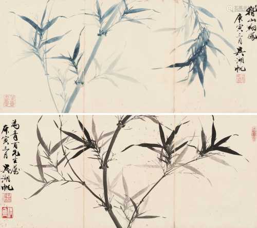 吴湖帆 庚寅（1950）年作 修竹对屏 镜框 设色纸本