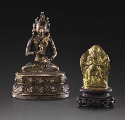 约十四世纪 尼泊尔 铜合金金刚菩萨坐像 及 鎏金金属玛哈嘎拉立像