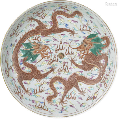 A large polychrome and gilt enameled dragon charger Late Qing/Republic period