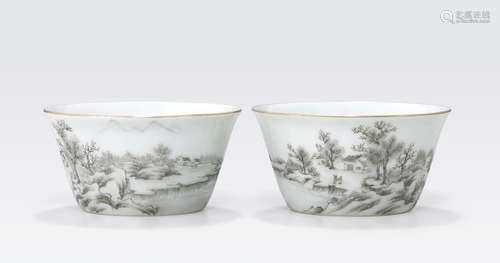 A Pair of grisaille decorated wine cups Yongzheng marks, Republic Period