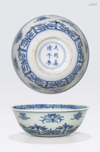 A small blue and white bowl with bajixiang decoration Jiajing mark, Kangxi period