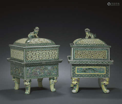 Two square-sectioned censers and covers with famille verte enamel decoration Republic period