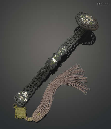 A stained wood ruyi scepter with reticulated and inlaid decoration 18th century