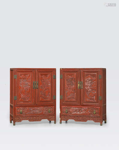 A pair of rare cinnabar lacquer cabinets 19th century