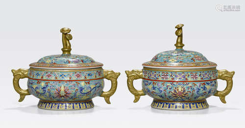 A pair of famille rose and gilt enameled archaistic gui and covers Yongzheng marks, Republic period