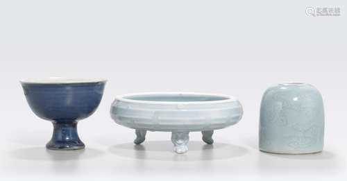 A group of three monochrome blue glazed porcelains 18th century and later