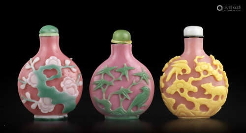 Three overlay decorated pink glass snuff bottles 19th century