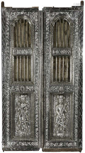 A pair of silver alloy and wood Jain temple doors Western India, circa 1900