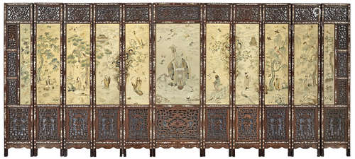 A hardwood screen mounted with Guangdong embroidery silk panels Late Qing/Republic period