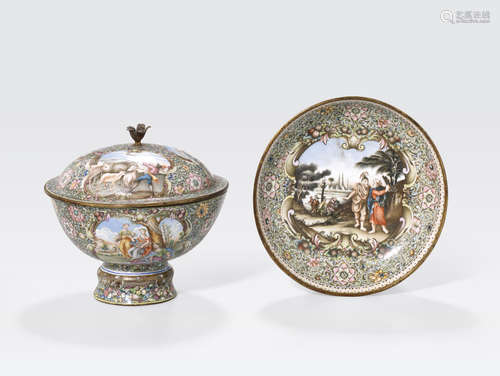 A Canton enamel metal bowl, cover and saucer with European subject matter 18th century