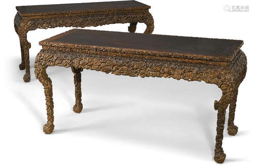 A pair of elaborately carved hongmu side tables Late Qing/Republic period