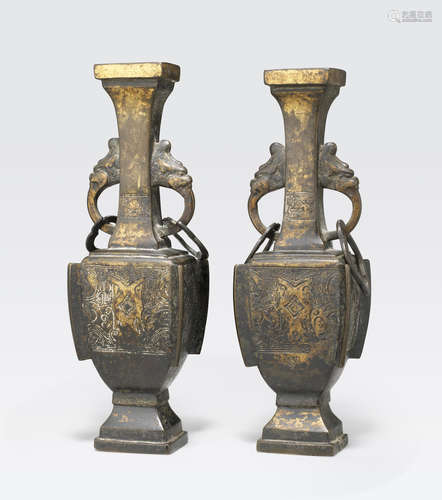 A pair of parcel gilt bronze archaistic vases Ming dynasty