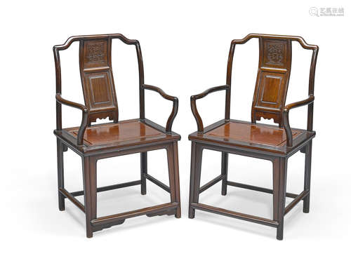 A pair of hongmu and burl wood inlaid arm chairs Late Qing/Republic period