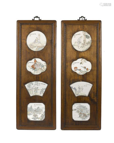 A pair of panels inlaid with qianjiangcai enameled plaques Dated by inscription to 1903