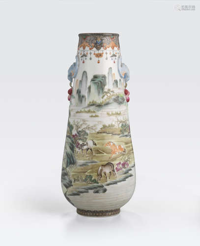 A polychrome enameled vase with bat and peach branch handles Qianlong mark, Republic period