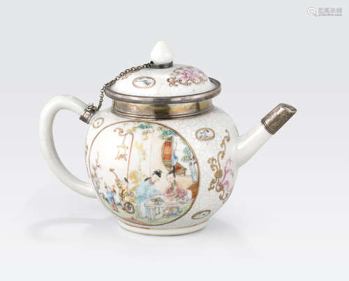 A famille rose enameled porcelain teapot with silver mounts Circa 1785