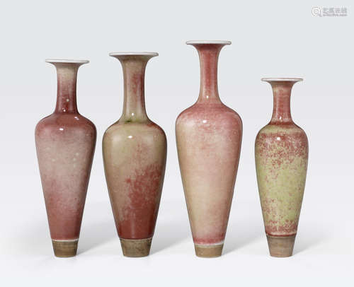 Four peach bloom glazed vases, liuyeping Kangxi marks, late Qing/Republic period