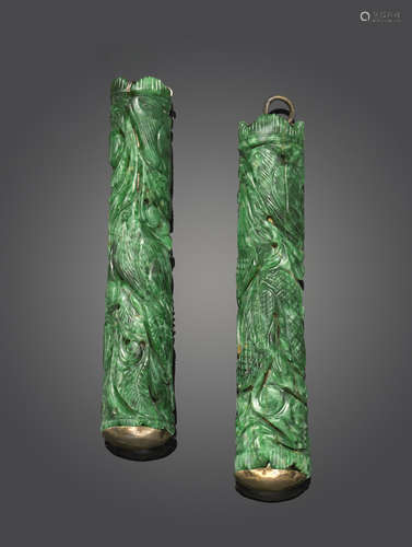 Two cylindrical jade hair finial holders