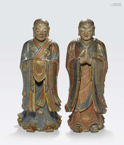 A Pair of polychrome lacquered wood figures of Kasyapa and Ananda Qing dynasty