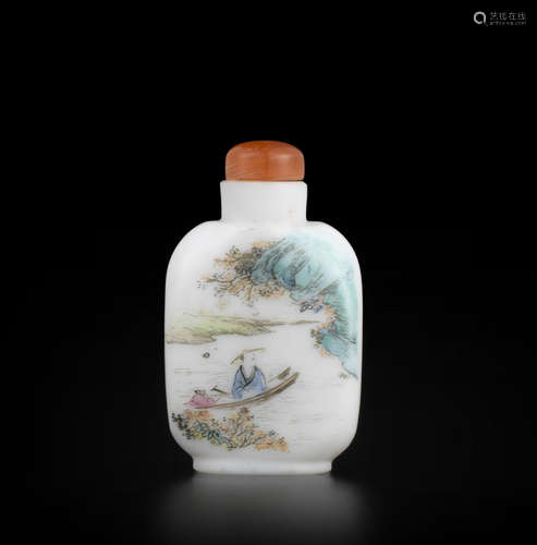 An inscribed and enameled 'figure and landscape' white glass snuff bottle 1760-1850