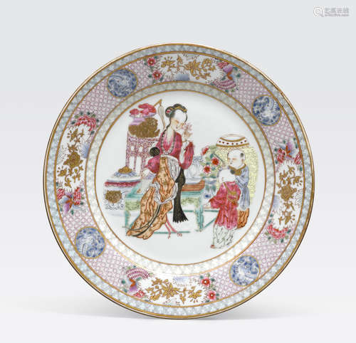 A famille rose enameled 'ruby-back'  dish 18th century