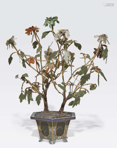 A cloisonne enameled jardinere with hardstone tree