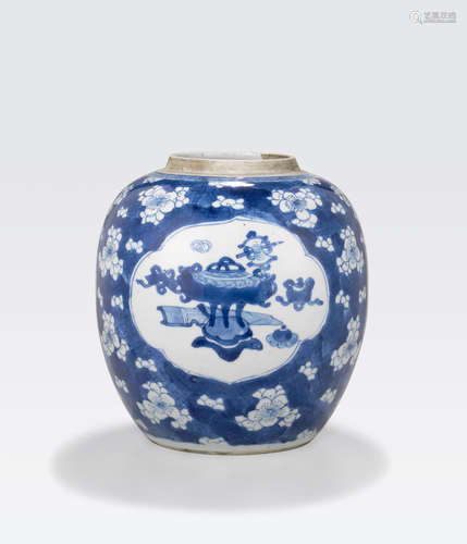 A blue and white ginger jar with prunus and cracked ice decoration Kangxi period