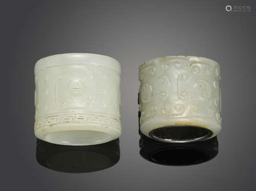 Two jade archer's rings with carved decoration Qing dynasty
