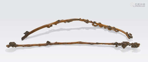 Two plum branches carved from boxwood (huangyangmu)