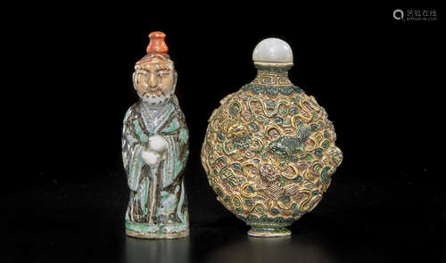 Two molded and enameled porcelain snuff bottles 1800-1860