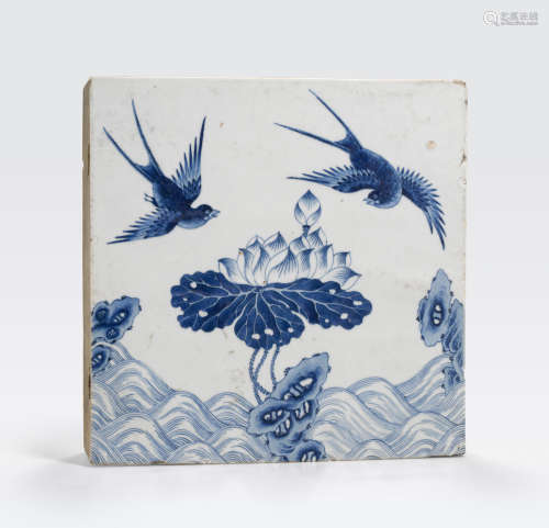 A blue and white porcelain architectural tile 19th century